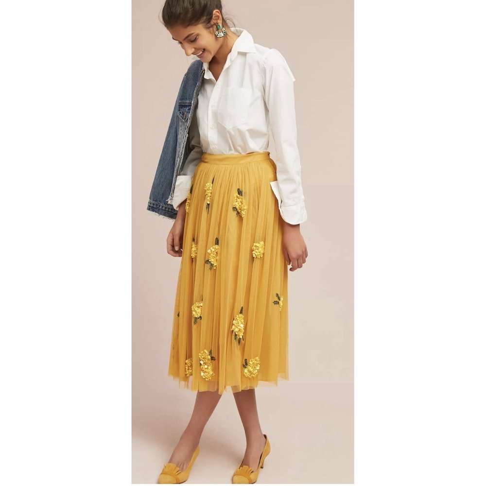 Anthropologie Maeve Posy Sequin Mesh Tulle‎ Midi Skirt Yellow Gold Size 8 NWT